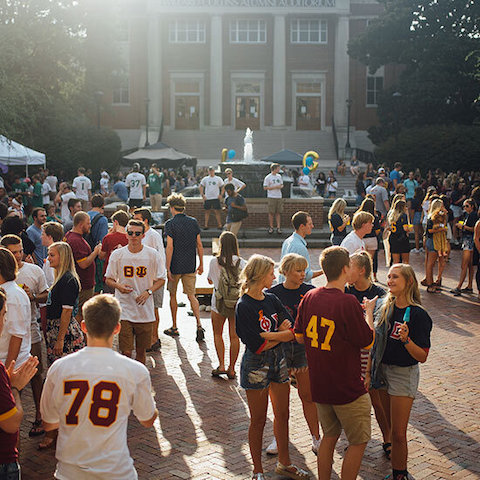 Students hang out in Bison Square.