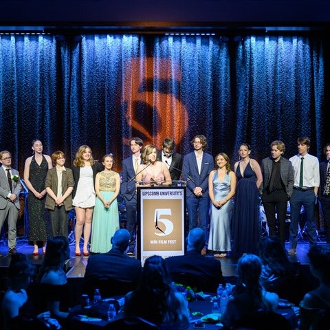 many people on stage at the 5mff awards ceremony