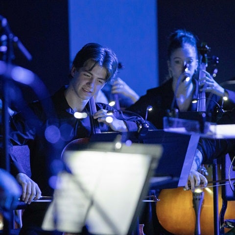 man smiles while playing a string instrument in an orchestra