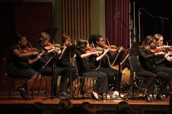 students playing string instruments in an orchestra