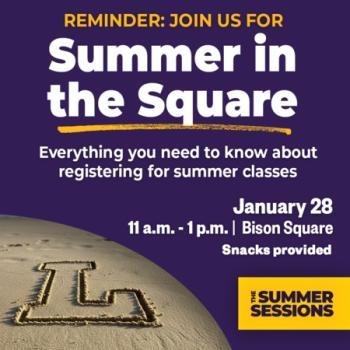 Promotional graphic reading “Register for Summer Sessions” with event details for January 28 from 11 a.m. to 1 p.m. at Bison Square, featuring the Lipscomb logo drawn in sand on a beach.