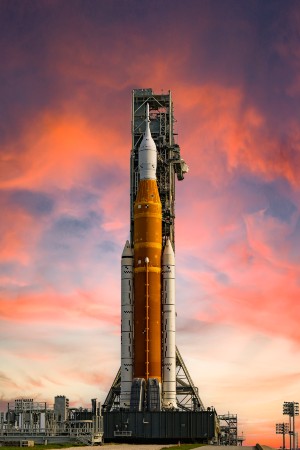 SLS rocket at on the launch pad at sunset