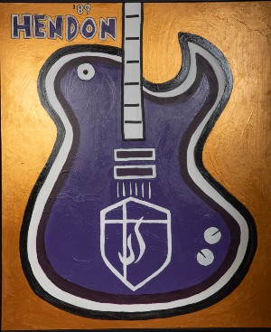 Hendon's purple guitar painting with Lipscomb logo