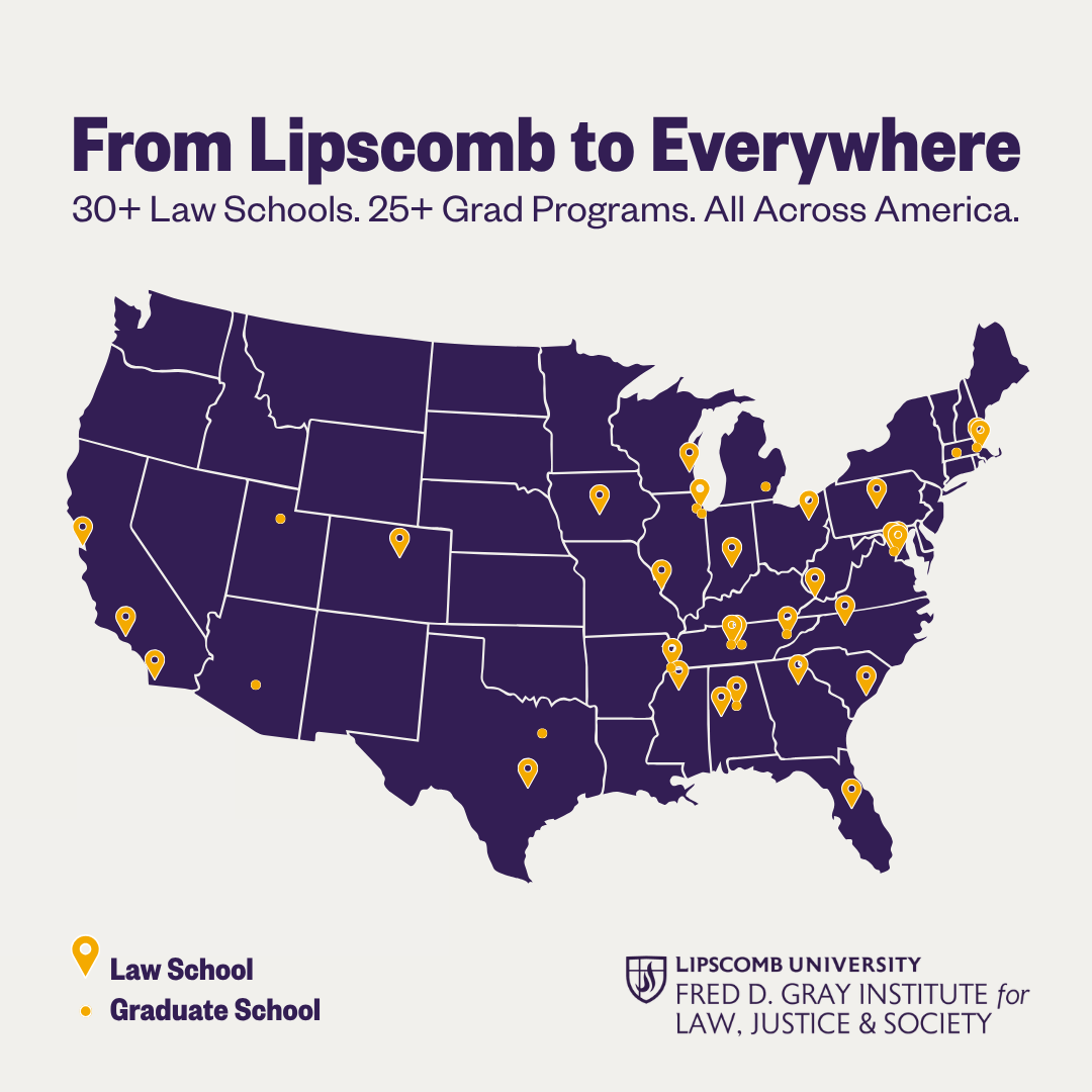 Map of the United States showing locations of 30+ law schools and 25+ graduate programs attended by Lipscomb LJS alumni