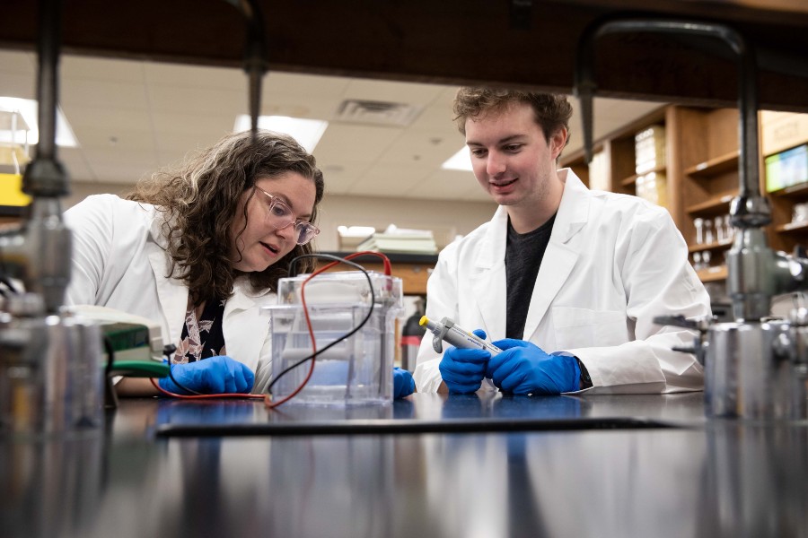 Biology Faculty works with a student in a CUREs class