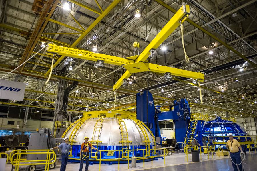 The SLS rocket under construction in a New Orleans factory