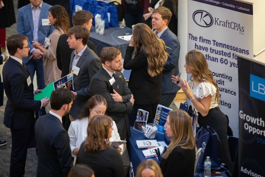 Students and accounting firms interacting at a career fair on Lipscomb's campus.