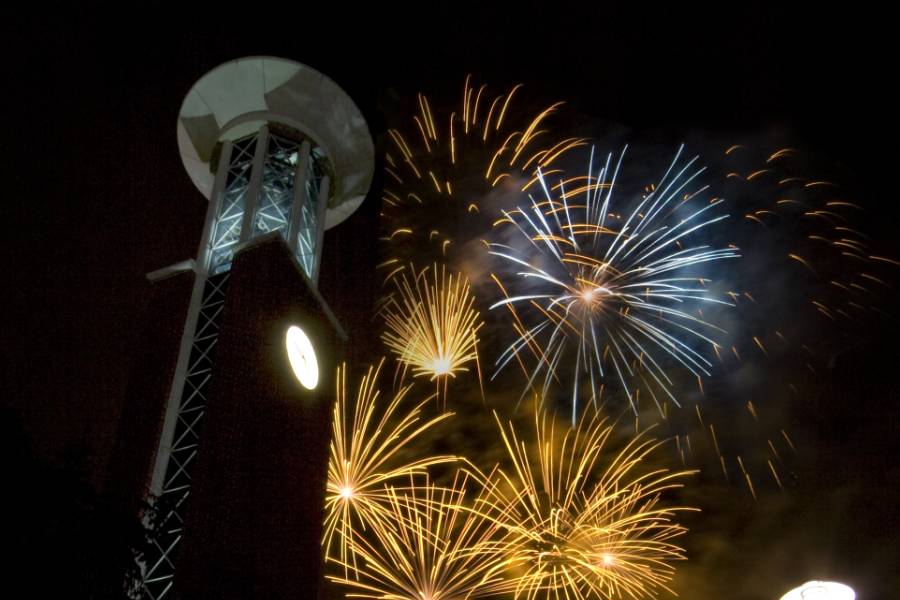 Bell tower with fireworks