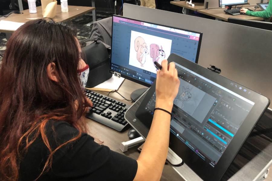 An animation student working on a scene for the series. 