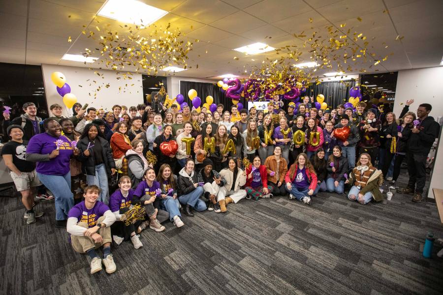 Celebratory confetti rains down on students at the end of Giving Day 2025