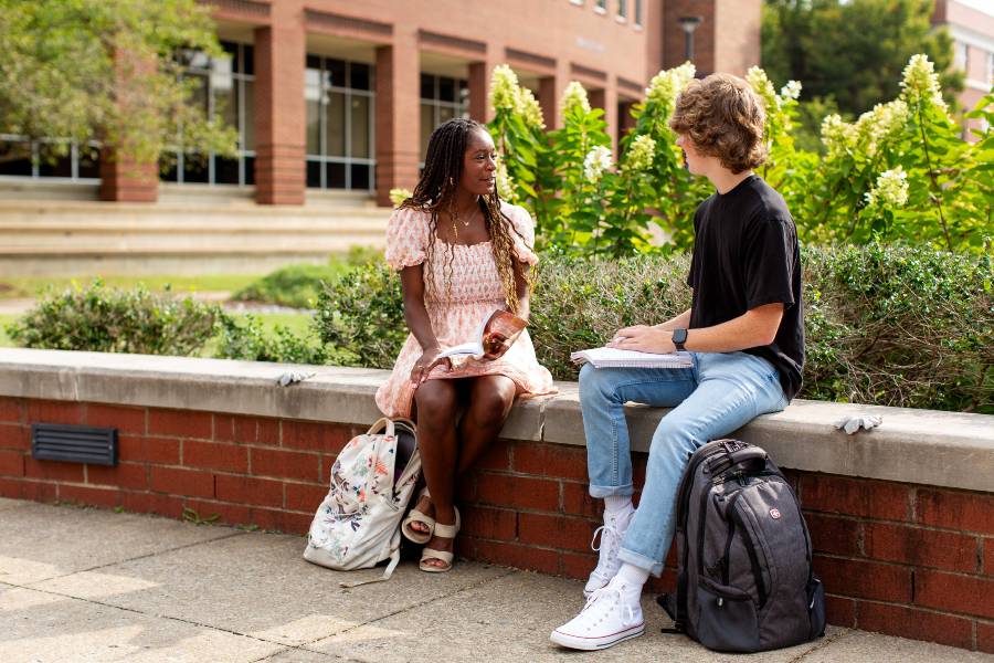 Students sitting in Bison Square studying. 