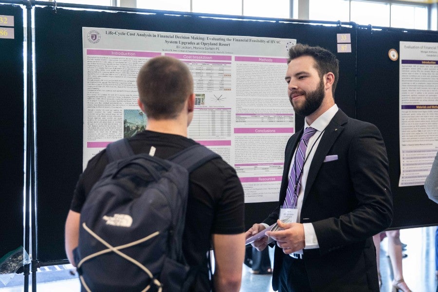 Eli Lockert presenting his findings at Lipscomb's Student Scholars Symposium.