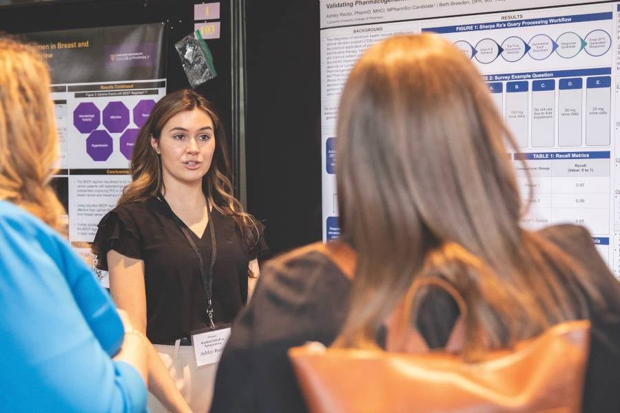 College of Pharmacy student Ashley Rector (’25) conducted research with SherpaRx, a startup developing an AI-driven digital platform for personalized medicine.