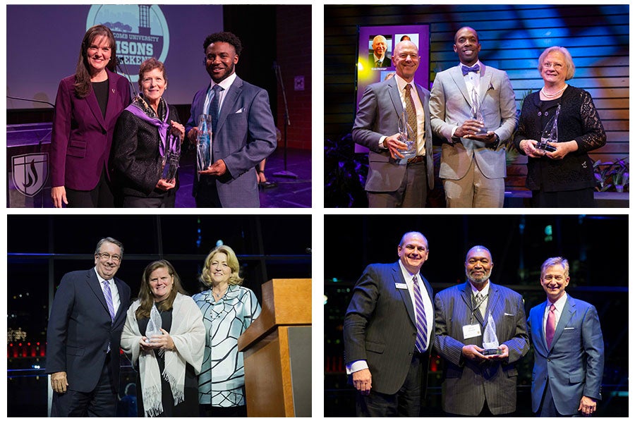 Photos of four Alumni Award presentations over the years