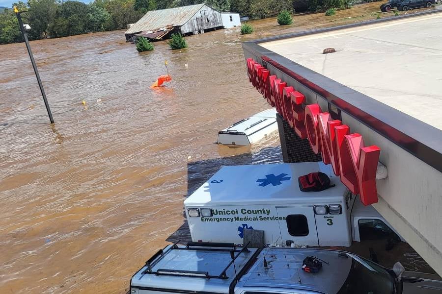 Over 50 patients and staff were stranded on the roof of Unicoi County Hospital and had to be rescued by helicopter. The building, which was inundated with as much as 12 feet of water, was deemed beyond repair. Photo courtesy: Andrew Harris