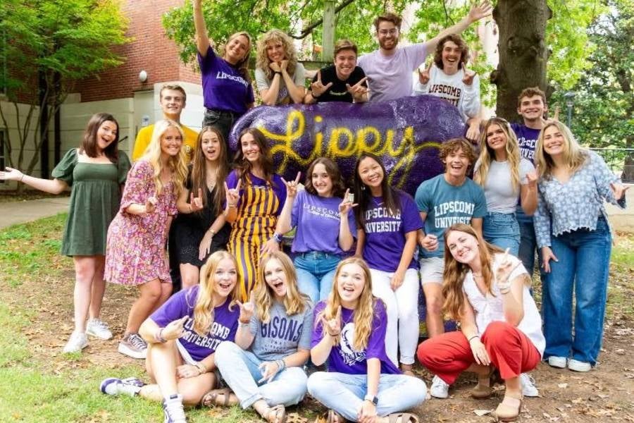 Students surrounding the Bison. 