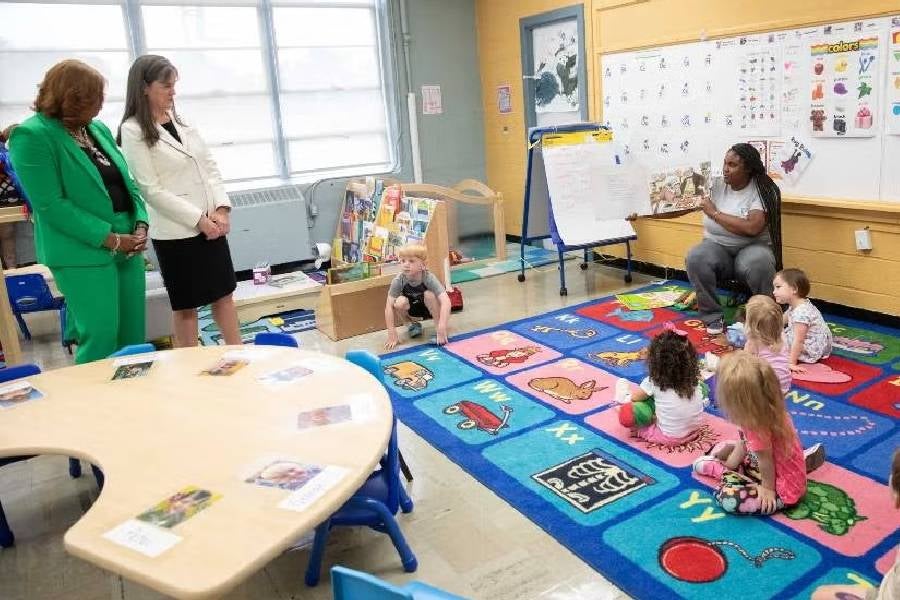 Early childhood educator reading to children. 
