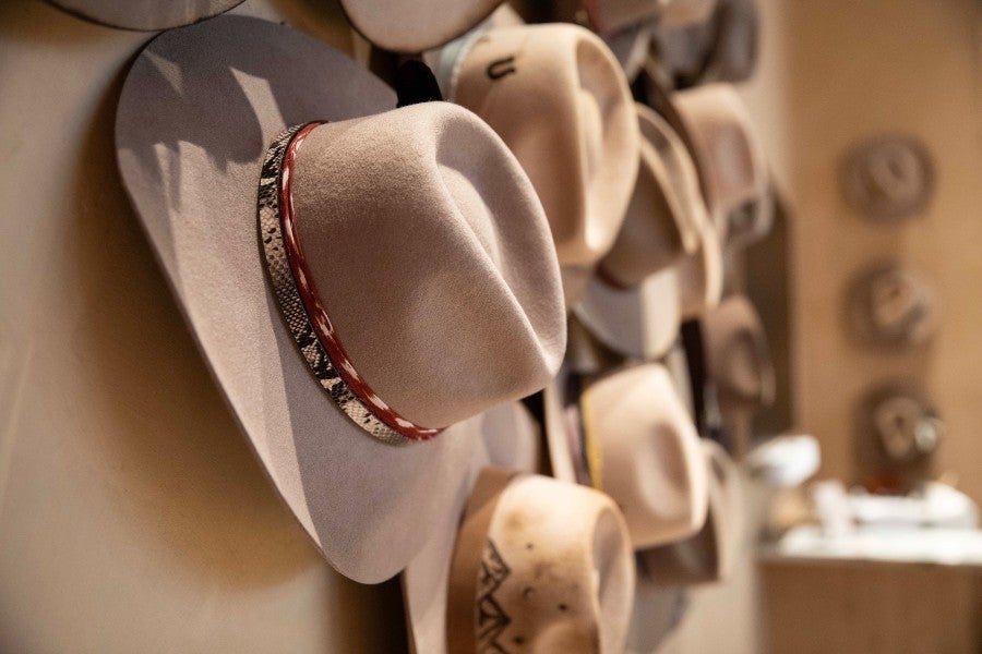 Cowboy hats on display at Rustler Hat Co.