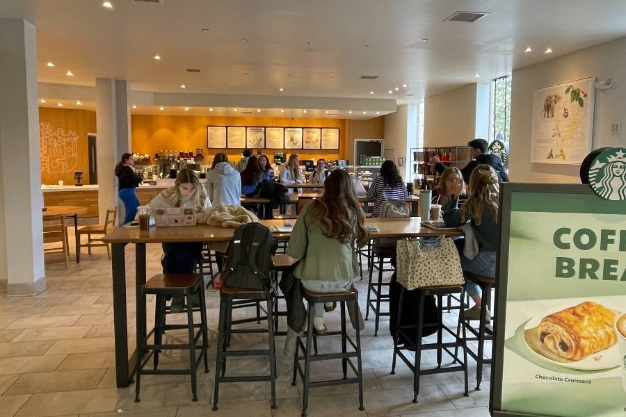 Students gathered in Starbucks on campus. 