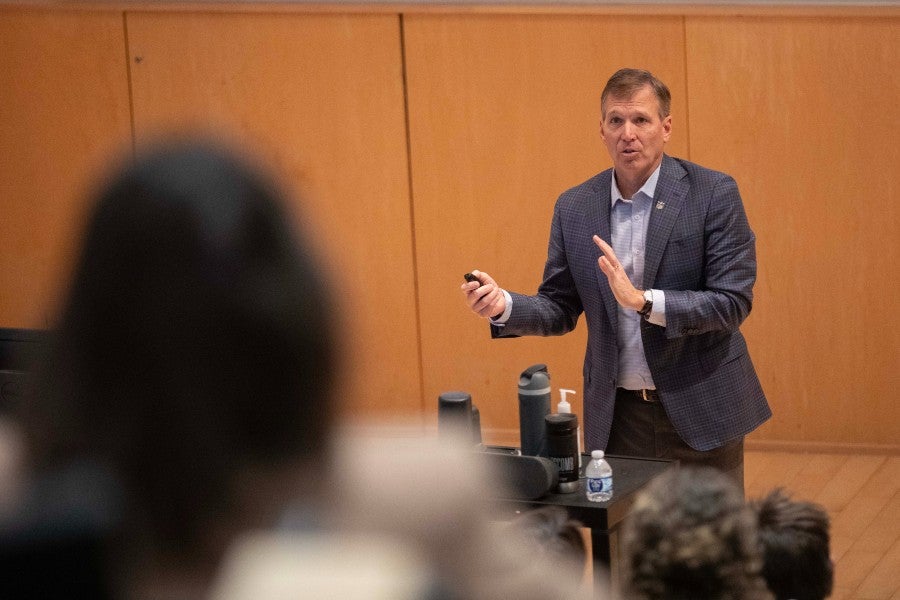 Dr. Allen Sills lecturing to students in Ward Hall