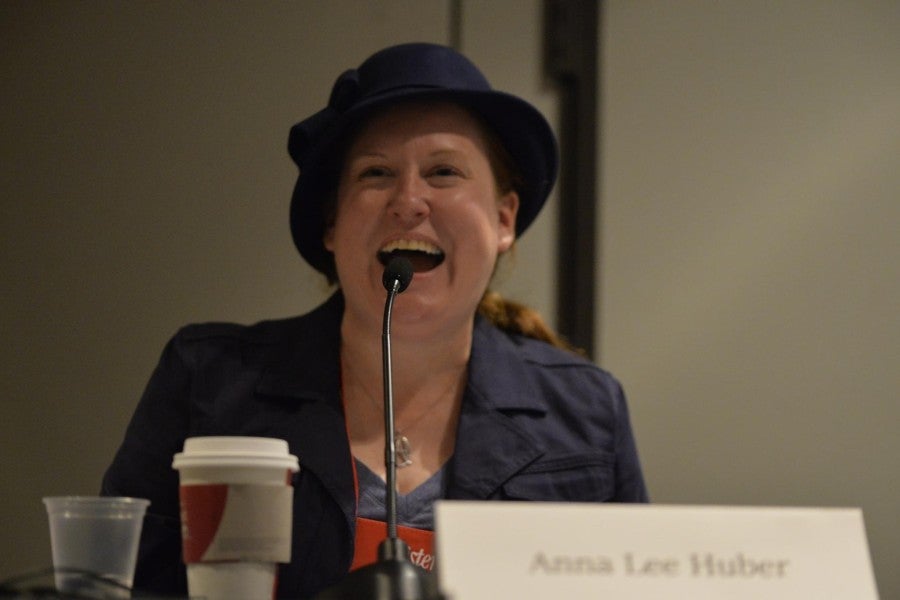 Anna Lee Huber speaking at a writers conference