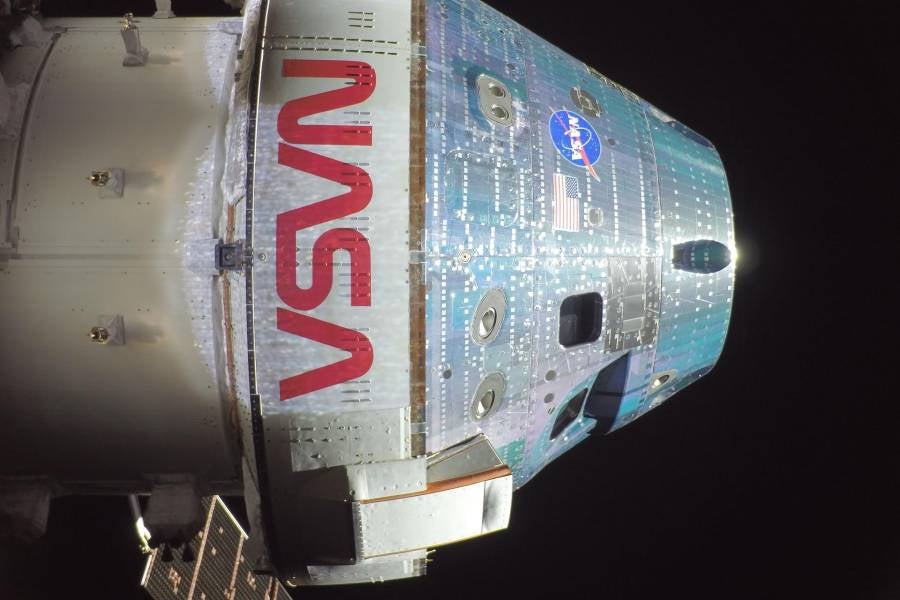 Orion snapped this high-resolution selfie in space with a camera mounted on one of its solar array wings during a routine external inspection of the spacecraft on the second day into the Artemis II mission.  Photo: NASA