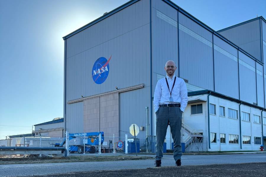 Hayden Sears stands outside the Marshall Spaceflight Center in Huntsville, Alabama, on his first day of work. 