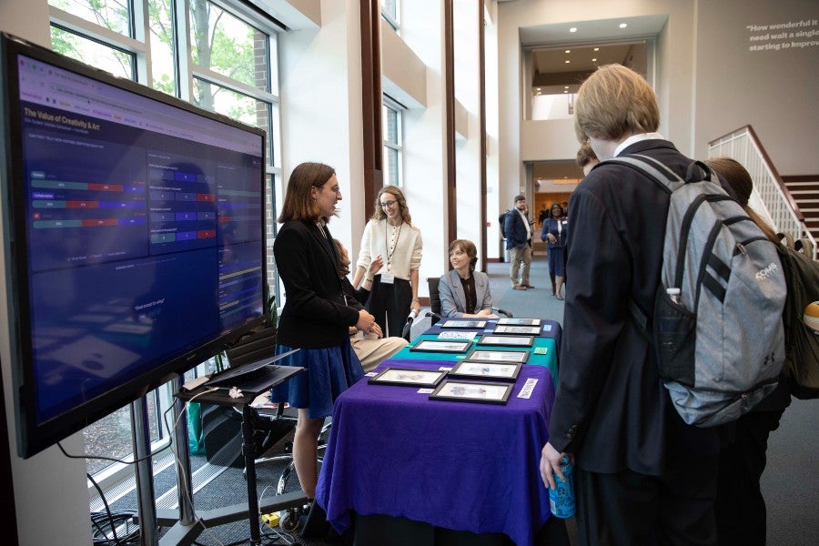 Students conducting a digital survey about AI and art