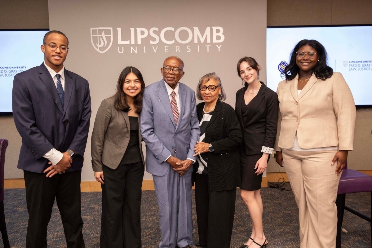 Fred Gray and wife with Lipscomb LJS Scholarship recipients 2024-25