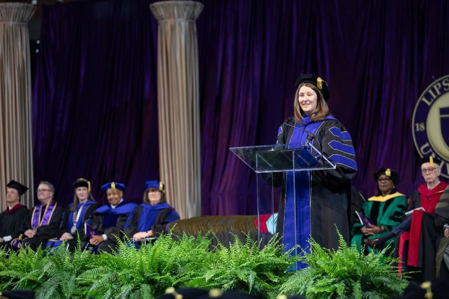 Sarah Collier, associate professor of pharmaceutical sciences, gave the professional charge to students during the graduate commencement.