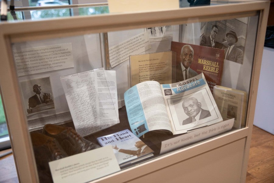 An exhibit of historical documents regarding Marshall Keeble at the 2023 Ellis Lectures