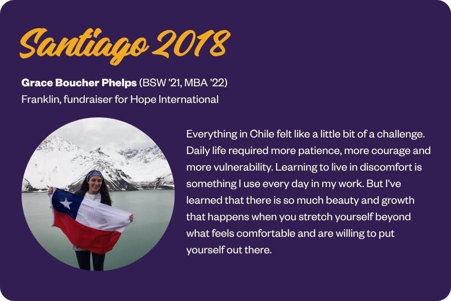 graphic image with a photo of Grace Phelps in front o the Chilean mountains