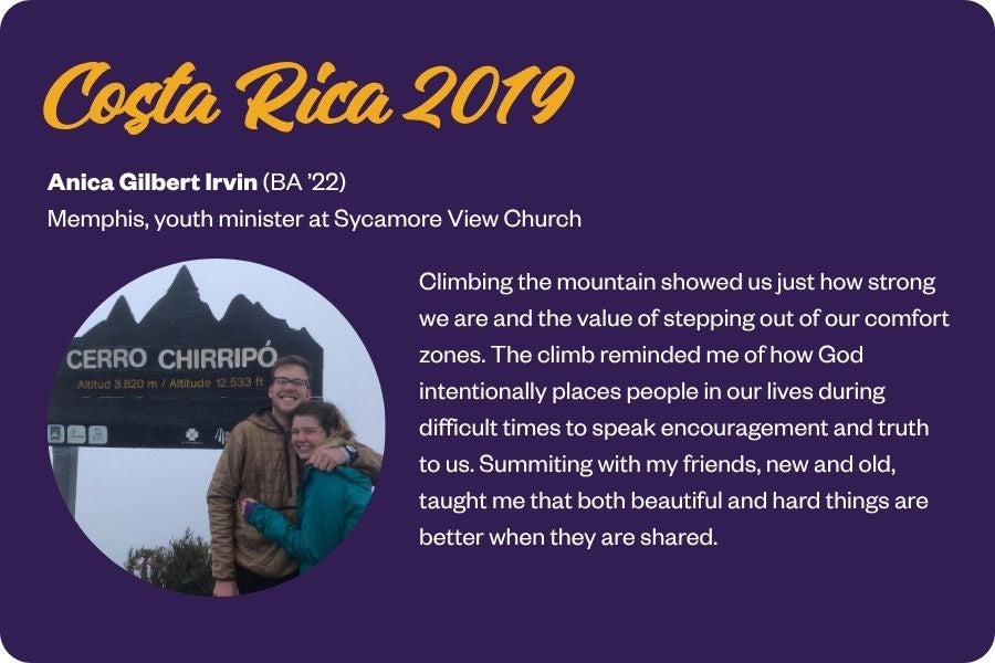 a graphic with a photo of Anica Gilbert and her now husband at the summit of a mountain in Costa Rica