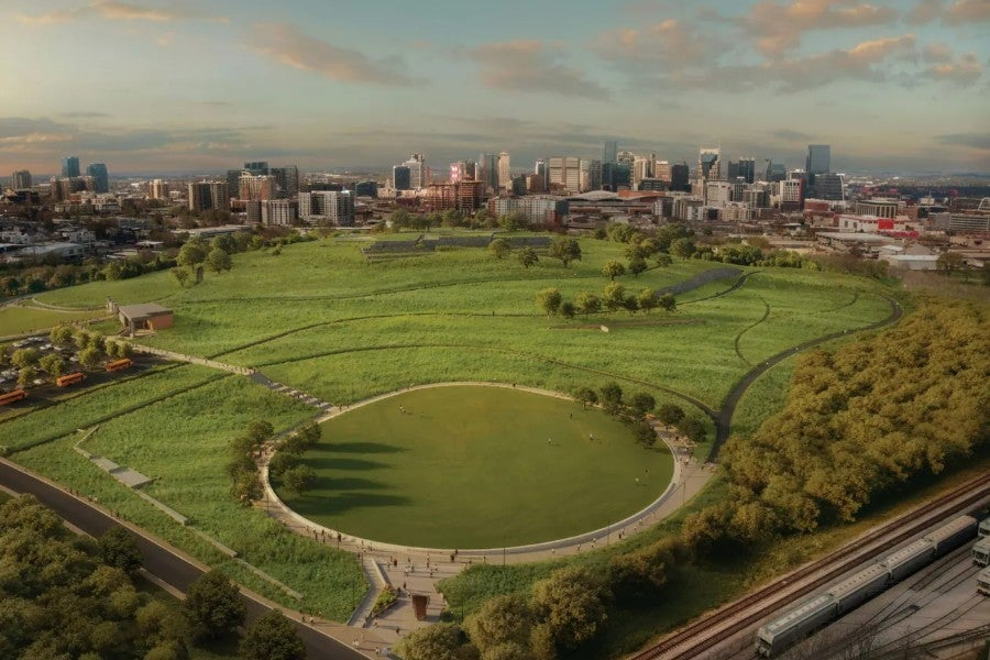 a conceptual rendering of the new memorial lawn to be located where Greer Stadium used to stand.
