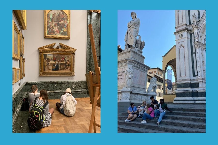 a side-by-side view of students studying in a London art museum and on a scavenger hunt team in Florence, Italy