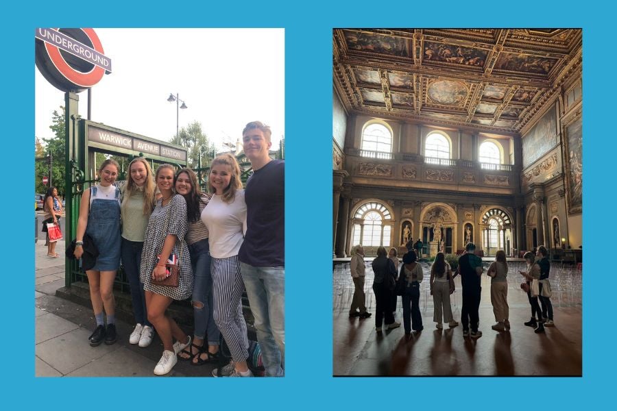 (left) Students at an entrance to the Underground in London. (right) Students in Florence at an on-site class in 2025.