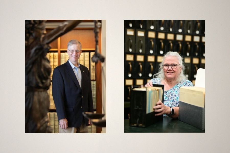 side-by-side portraits of Ken Feith (left) and Carol Roberts (right)