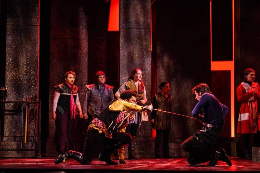 A scene from Hamlet on the Collins Alumni Auditorium stage