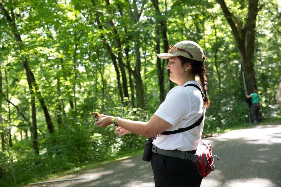 Lexi Price carefully holding a wood thrush with a view from the side