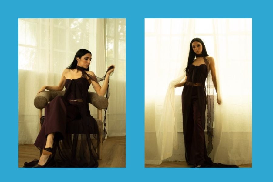 side-by-side images from Reagan Sanders' editorial photo shoot of her third-place winning design.