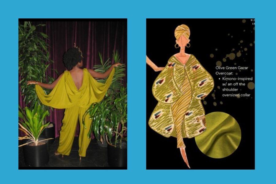side-by-side image of Angelina Rodriguez's second-place winning design from her photo shoot and her sketch.