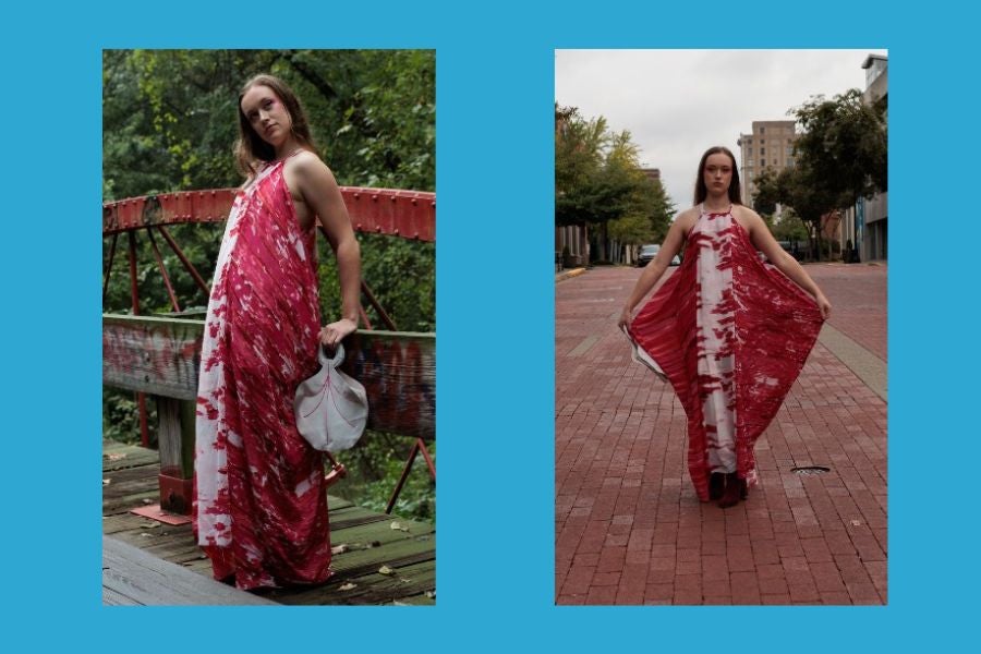 side-by-side images from the photo shoot for  Avry Earnshaw's winning design, a red print caftan dress..