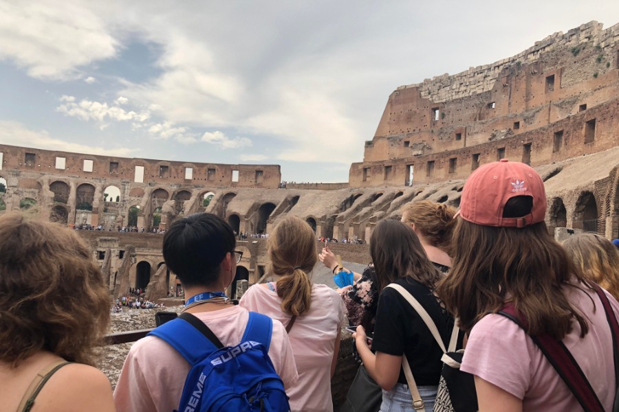 Students inside the Coliseum in Rome, Italy