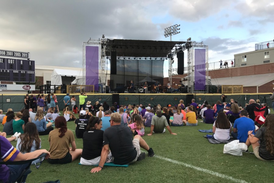 Singer on stage with people sitting in the grass