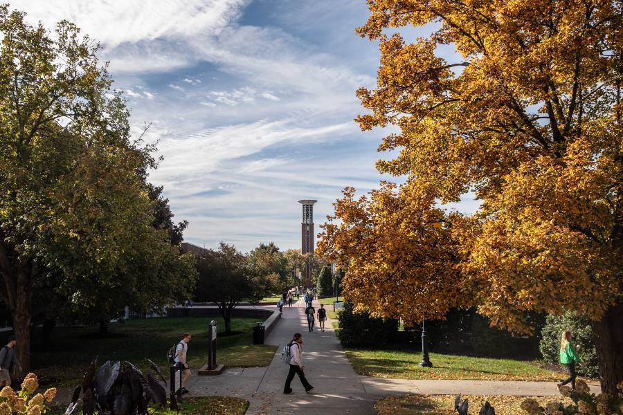 Students walking on campus in the fall. 