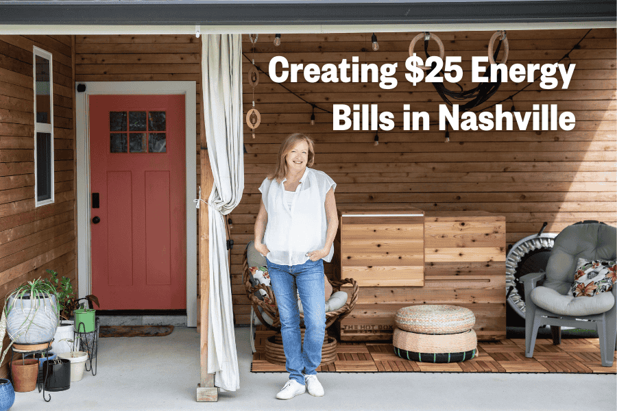 Barbara Latimer on porch; "Creating $25 Energy Bills in Nashville"