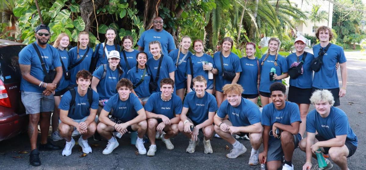 Lipscomb Academy Bahamas mission team students pose in their team shirts