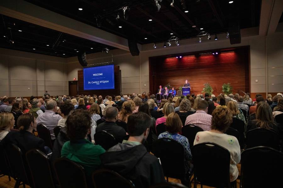 President McQueen speaking to the faculty and staff assembly. 