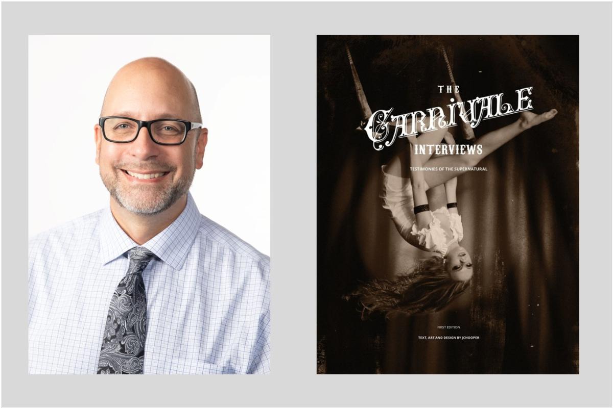 Portrait of Carlos Hooper next to a photo of his book cover 
