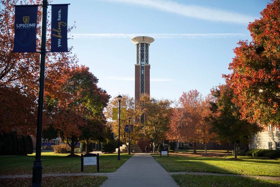 Scene of the Lipscomb Allen Bell Tower in the fall. 
